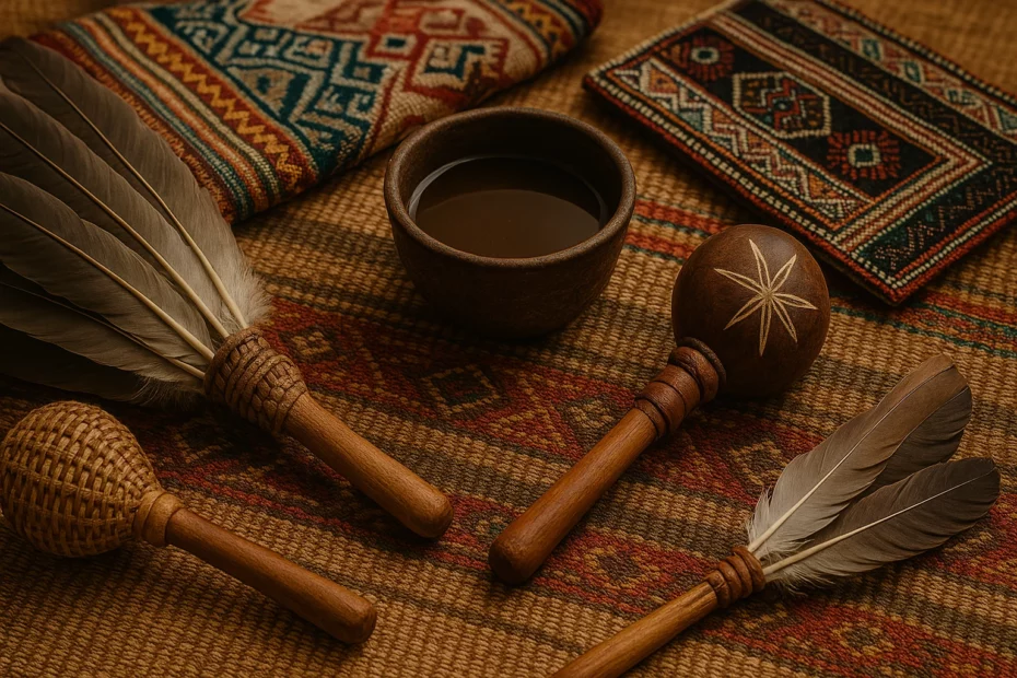 Collection of ceremonial items with feathers and a bowl on a woven rug, ideal for the use of plant medicines