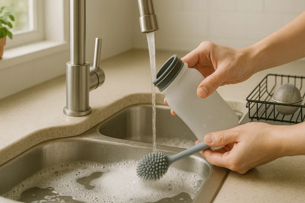 Hands cleaning a shaker bottle with a brush under running water at a kitchen sink