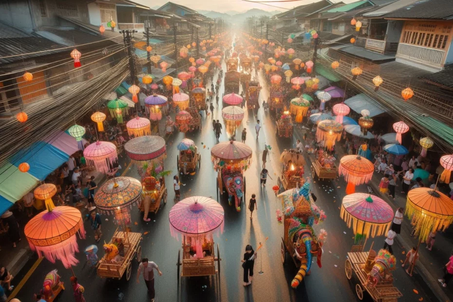 A bustling street parade highlighting kratom and cultural festivals with colourful umbrellas and decorated carts at sunset.