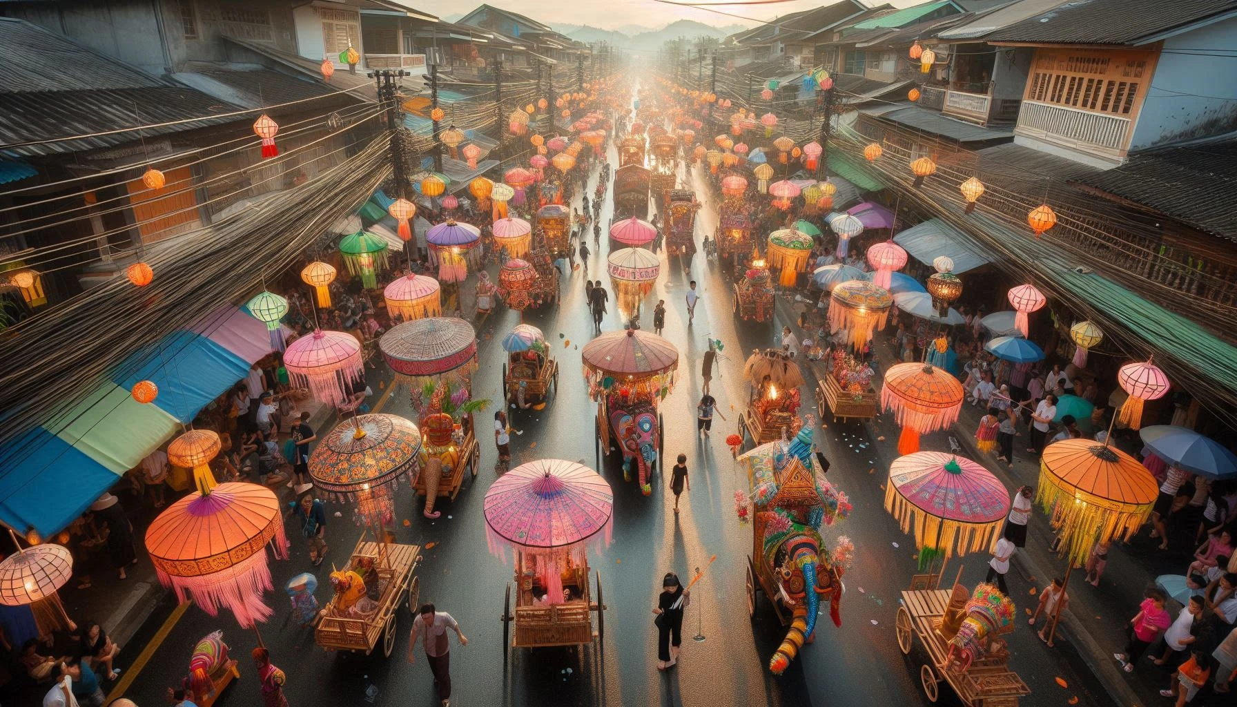 A bustling street parade highlighting kratom and cultural festivals with colourful umbrellas and decorated carts at sunset.