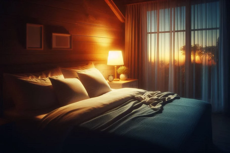 Small bedroom with a lit lamp and sunset view through the window, depicting a setting for lucid dreaming and kratom