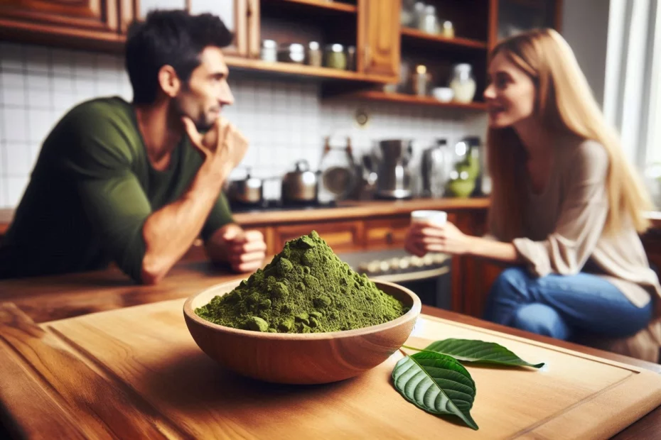 Couple sitting at a kitchen table with a bowl of powder and leaves talking about the effects of kratom