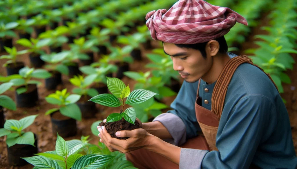 Farmer in traditional attire holding a young green plant in a nursery