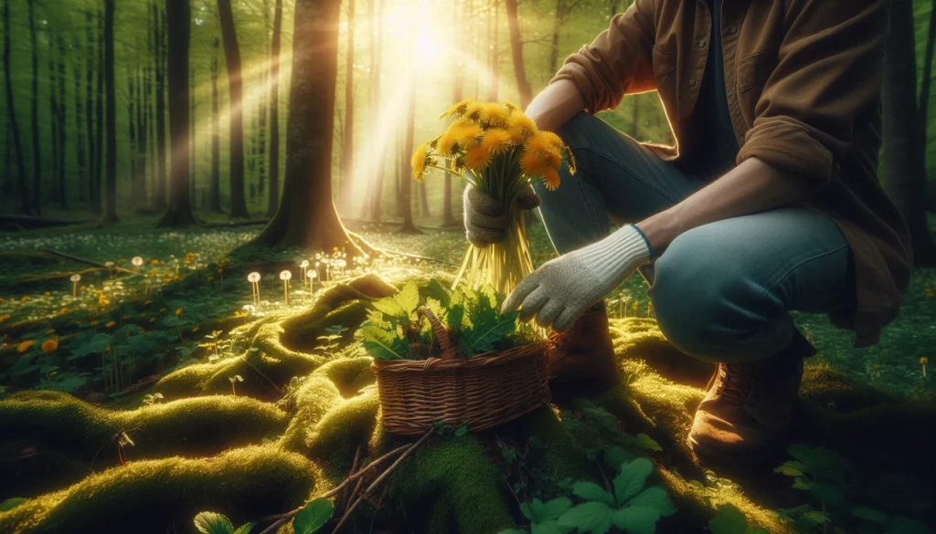 Person foraging dandelions in a forest with a wicker basket under sunlight