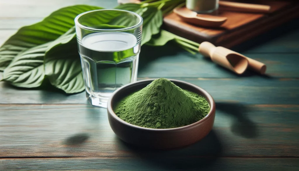 Glass of water and bowl of green powder with leaves on wooden surface