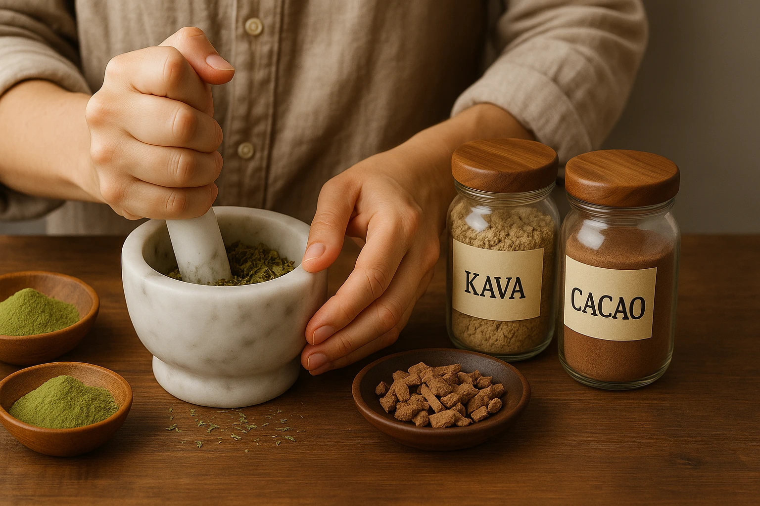 The entourage effect with herbs grinding in a mortar with kava and cacao jars on a wooden table