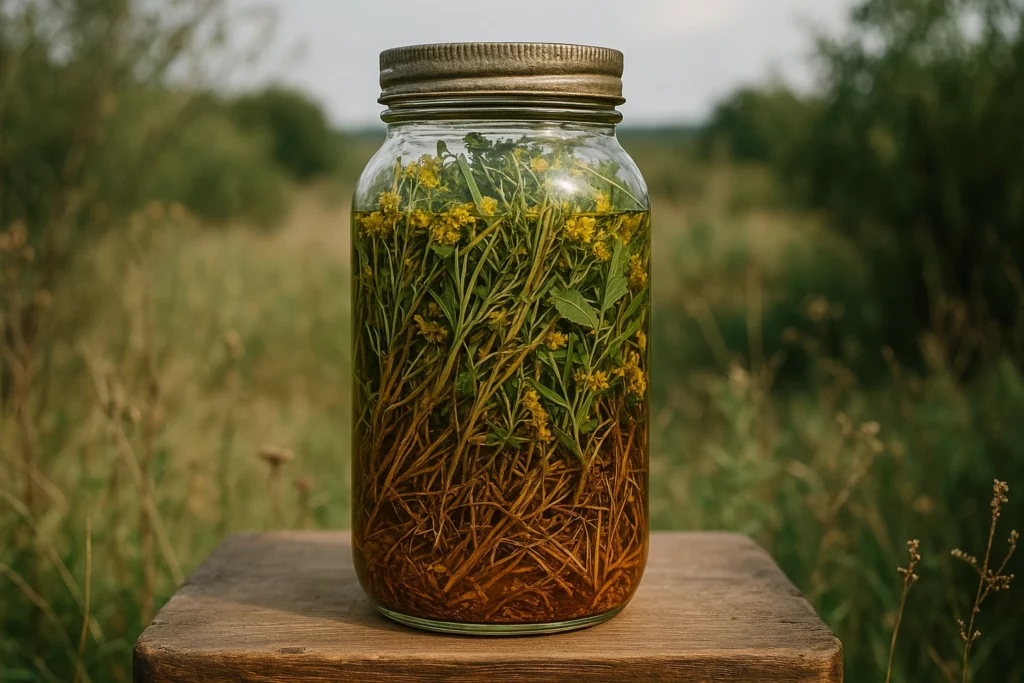 Glass jar filled with herbal infusion on a wooden table outdoors.