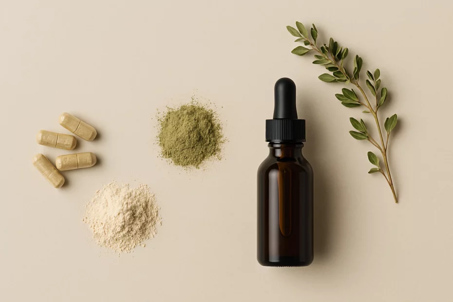 Microdosing plant medicines with supplements with dropper bottle and green leaves.