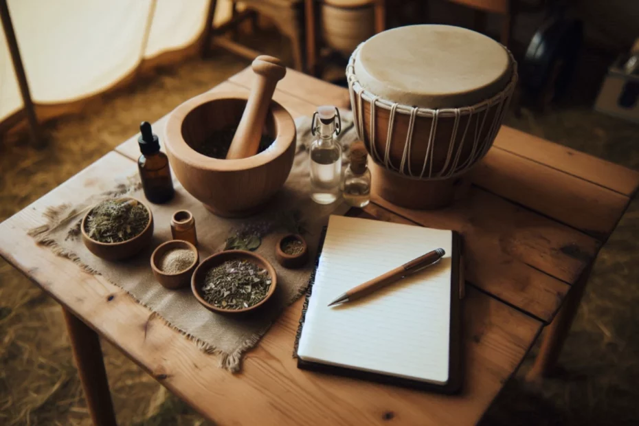Wooden table with mortar and pestle, herbs, drum, and notebook in a tent, the perfect tools for a plant medicine facilitator