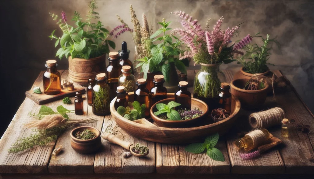 Collection of herbal remedies with plants and essential oil bottles on a wooden table