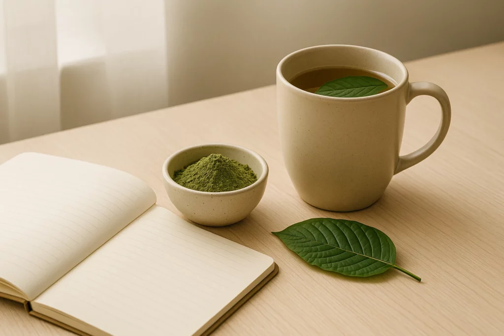 Cup of tea with a leaf, kratom powder in a bowl, and an open notebook on a wooden table.
