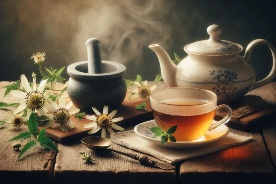 Medicinal plants like passionflowers and herbal tea in a cup with a mortar on wooden table