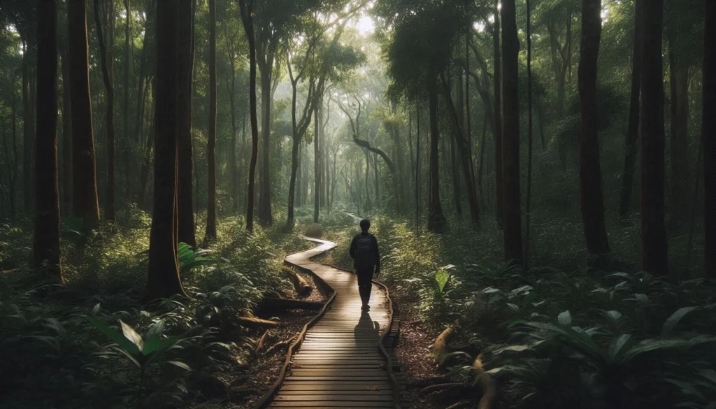 Person walking on a wooden boardwalk through a dense forest with sunlight filtering through trees.