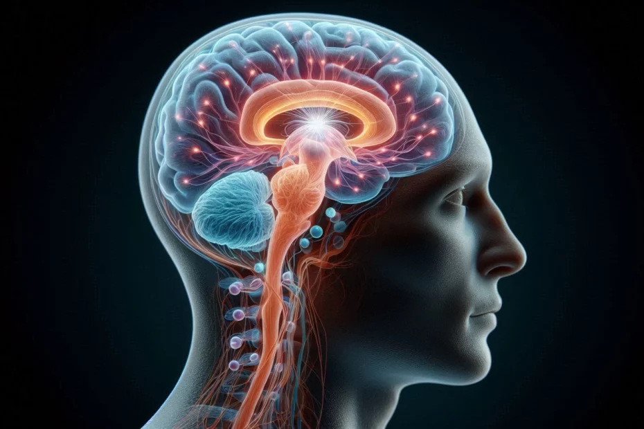 A human brain with glowing neural connections with a depiction of plant medicines and the pineal gland