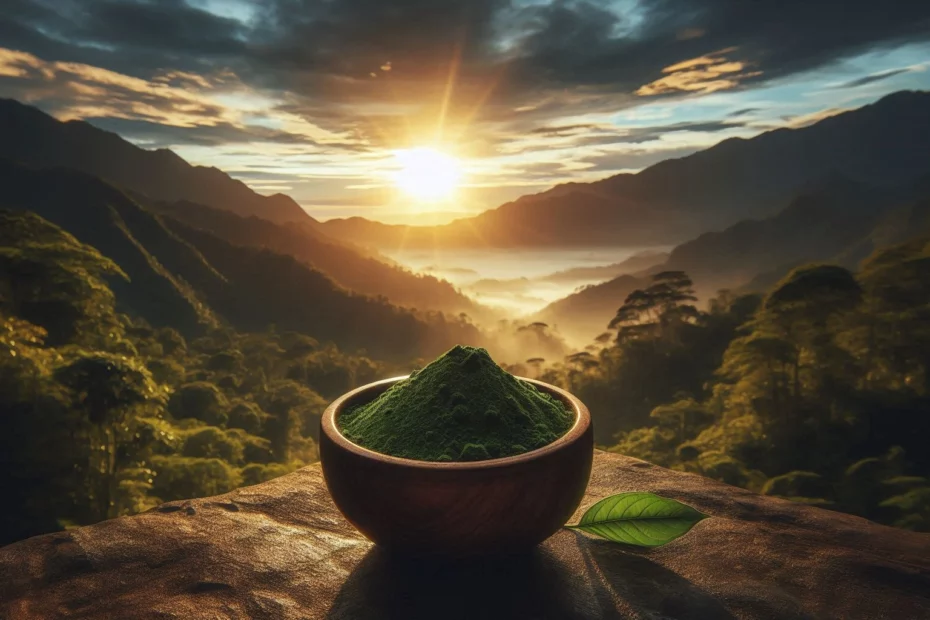 Wooden bowl of kratom on a rock with a mountain sunset in the background. Perfect to rotate kratom strains in nature.
