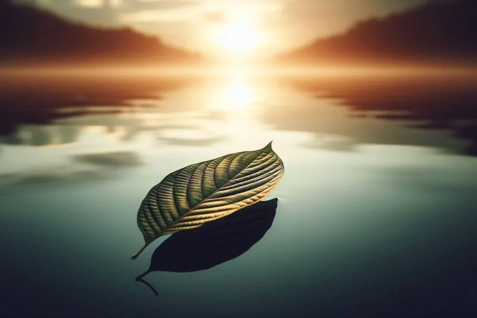 Kratom leaf floating on water during a sunset, highlighting the question of is kratom psychoactive?