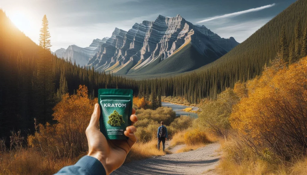 Hand holding kratom package in mountain landscape with hiker on trail