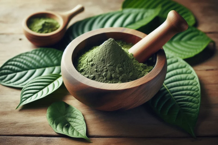 Wooden mortar with kratom powder and green leaves on a table