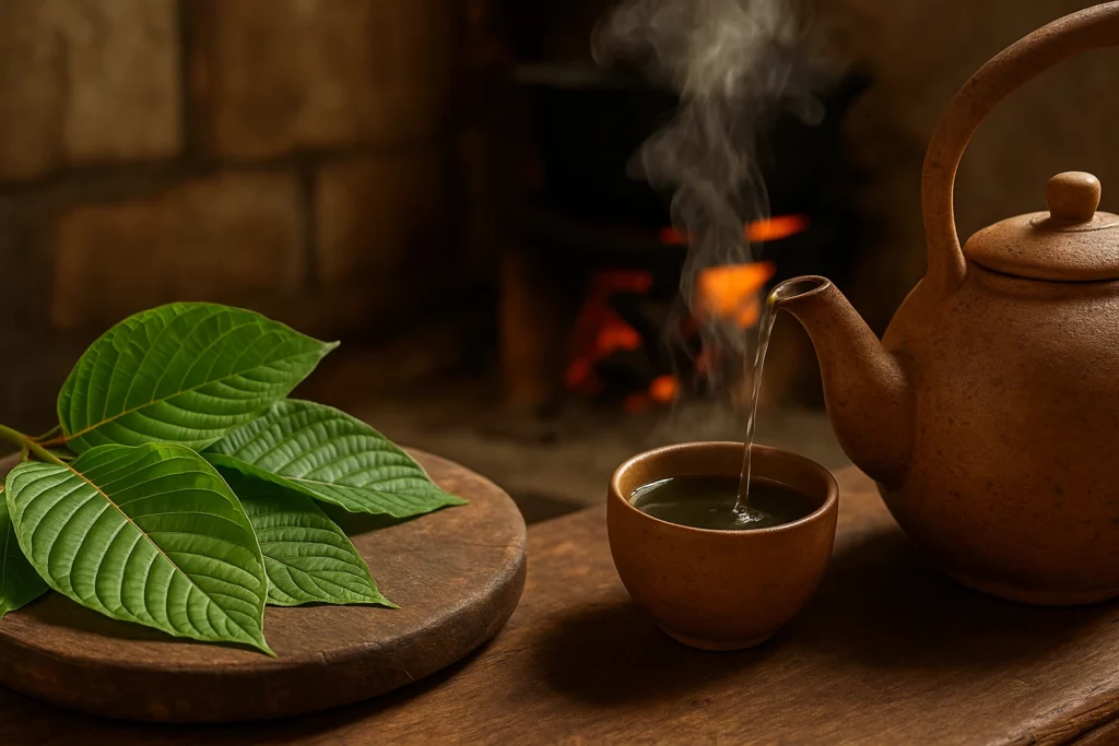 A clay teapot pouring kratom tea into a cup beside fresh green leaves on a wooden table.