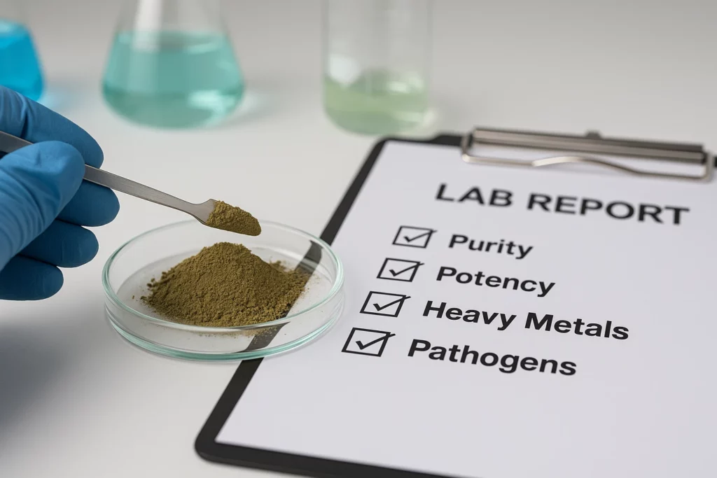 Gloved hand with petri dish of kratom powder next to lab report checklist