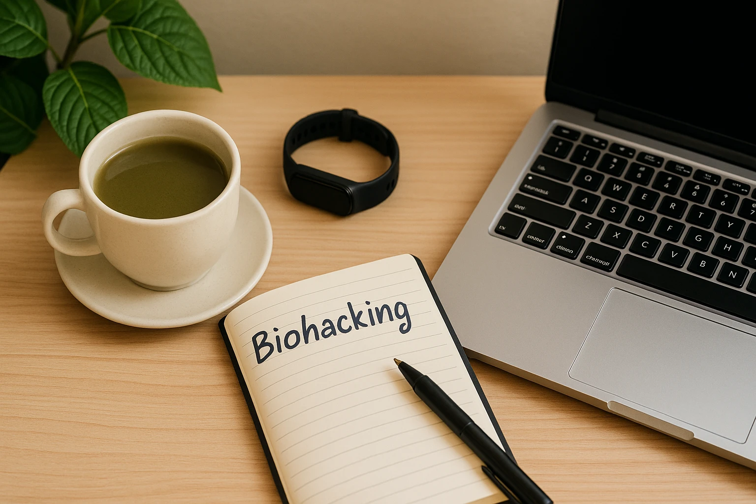 Kratom and biohacking with a laptop, notebook labelled biohacking, and kratom tea cup on a desk.