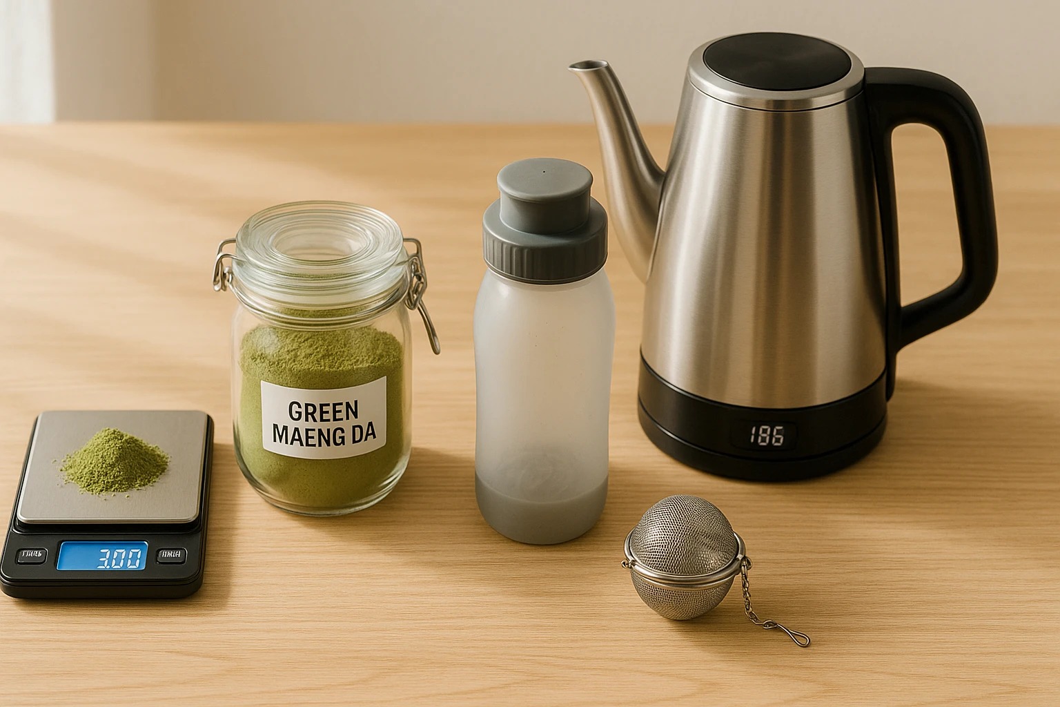 Kratom accessories including a digital scale, kettle, shaker bottle, tea infuser and kratom powder on wooden table