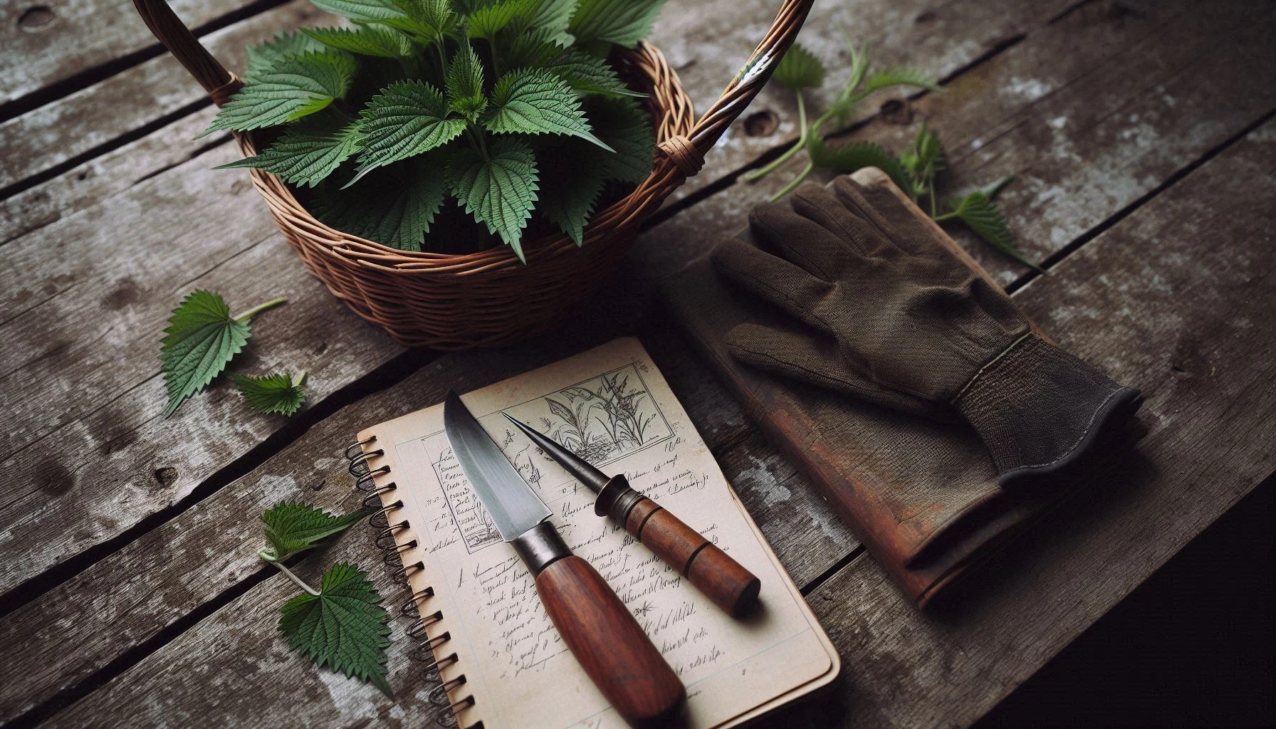Basket of nettles with tools and notebook on a wooden table highlighting sustainable foraging.