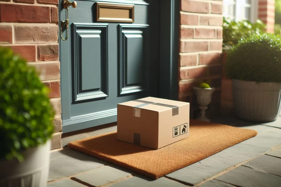 Cardboard box on a doormat in front of a blue door with potted plants. Ordered online to avoid kratom buying mistakes