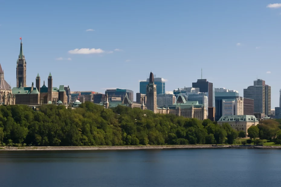 Parliament Hill in Ottawa with a city skyline and river in the foreground under a clear blue sky, highlighting kratom online in Ottawa