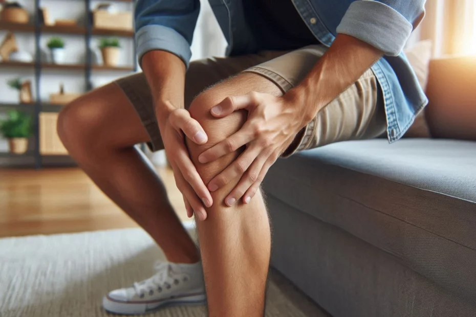 Person managing chronic pain while holding their knee while sitting on a grey sofa in a sunlit living.
