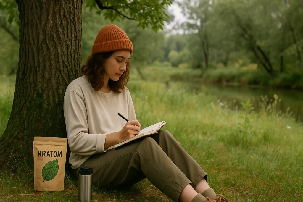Person in a beanie writing in a notebook by a tree with a kratom bag and tumbler nearby