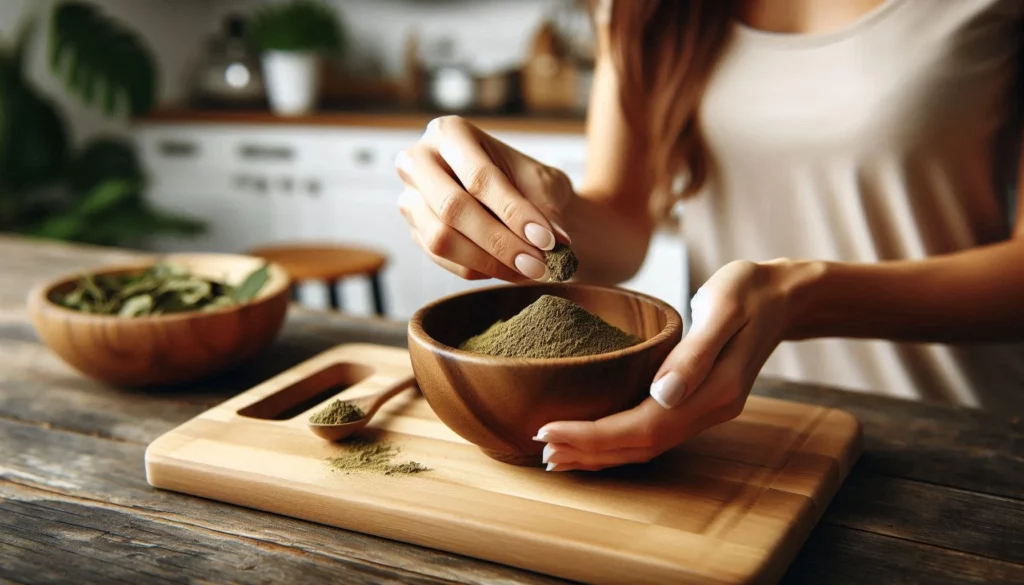 Woman holding a wooden bowl of kratom in a kitchen
