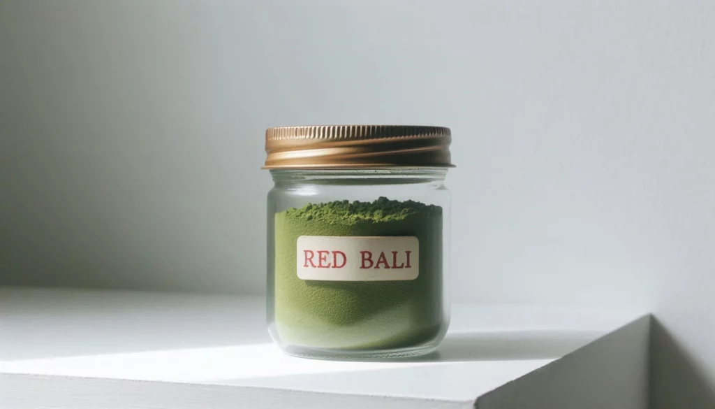 Glass jar of kratom powder labelled Red Bali on a white shelf