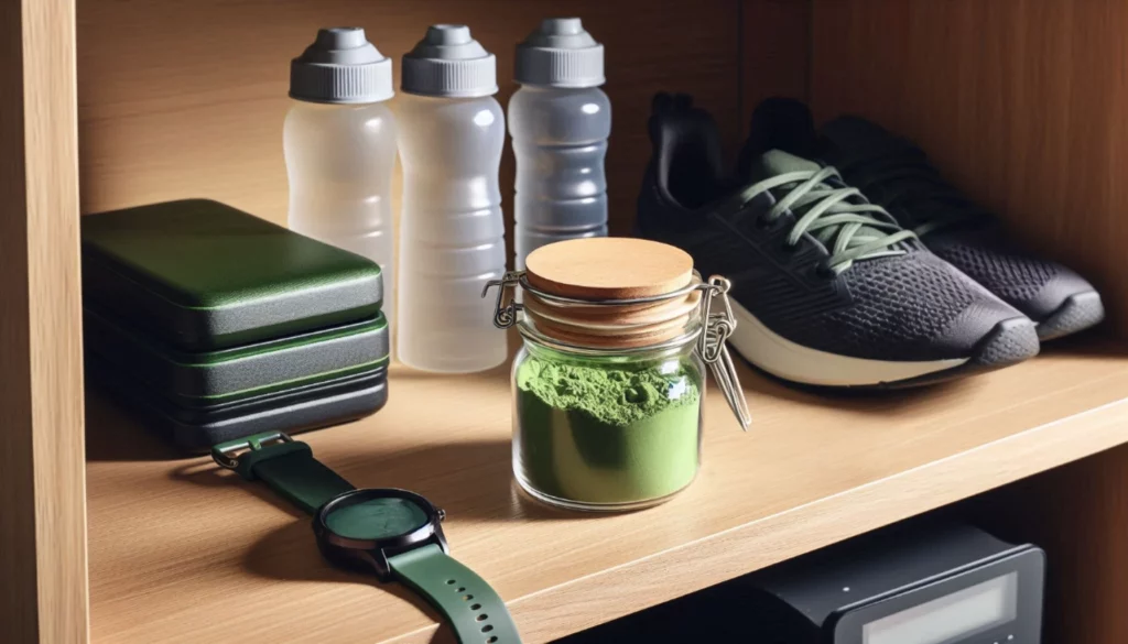 Wooden shelf with fitness gear, water bottles, and a jar of kratom powder