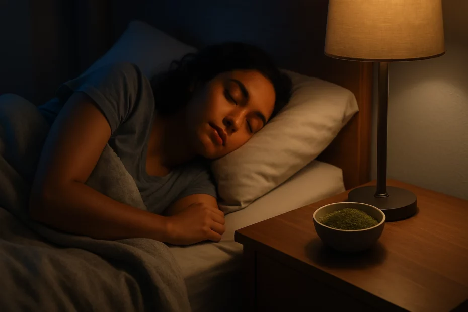 Person sleeping in bed with a bedside lamp and bowl on the nightstand, symbolizing plant medicines for adrenal fatigue.