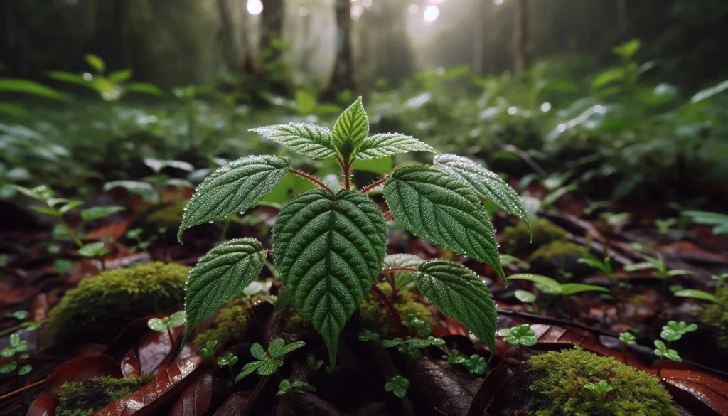 Young green sprout with dewdrops in a forest.