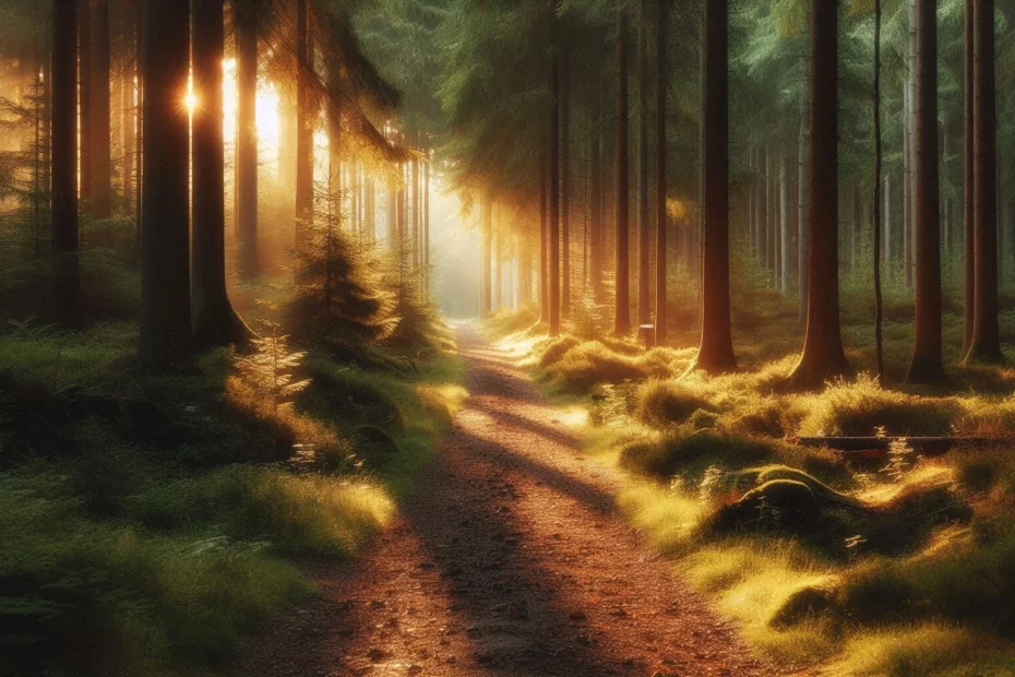Sunlit forest path surrounded by tall trees and golden light highlighting plant medicines for trauma