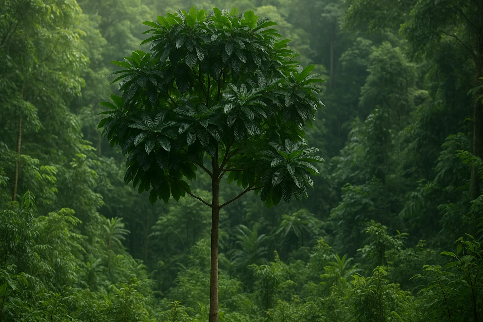 Tall Mitragyna speciosa tree with broad leaves in a dense jungle