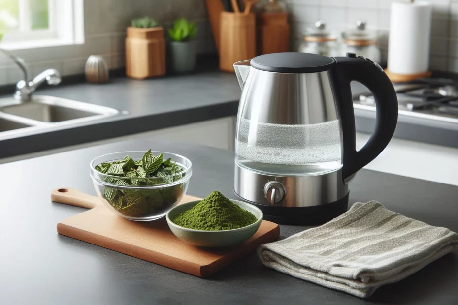 Electric kettle, bowl of kratom leaves, and kratom powder on a wooden board on a kitchen counter, ready to brew kratom tea