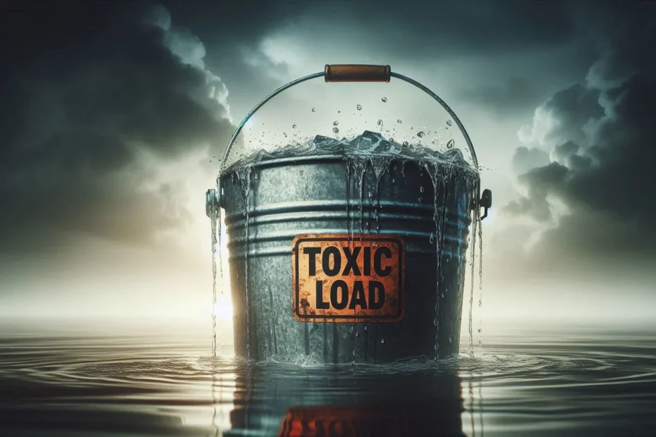 Metal bucket labelled toxic load overflowing in water.