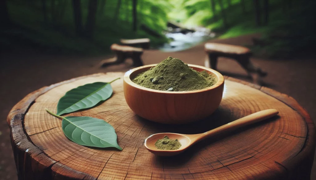 Wooden bowl of kratom powder with leaves on a tree stump in a forest