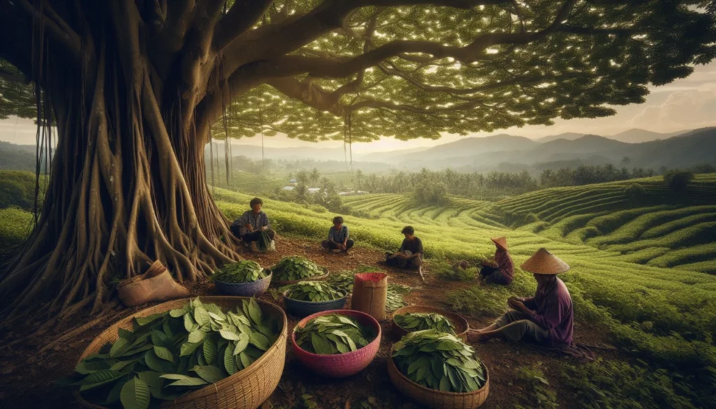 Workers sorting kratom leaves under a large tree in a plantation with baskets.