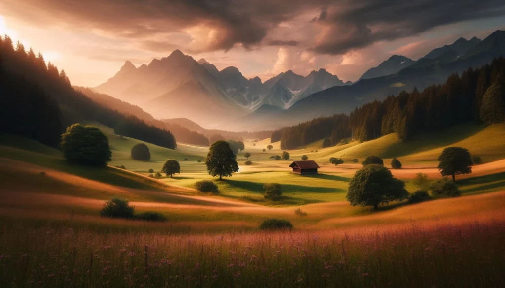 Scenic alpine meadow with mountains at sunset