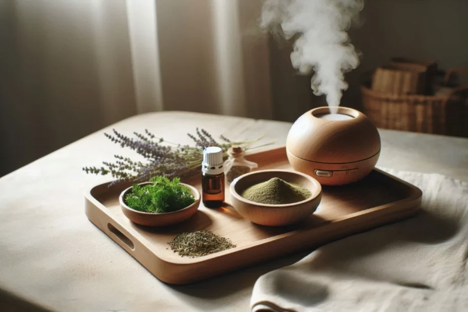 Wooden tray with diffuser and dried herbs highlighting kratom and aromatherapy.