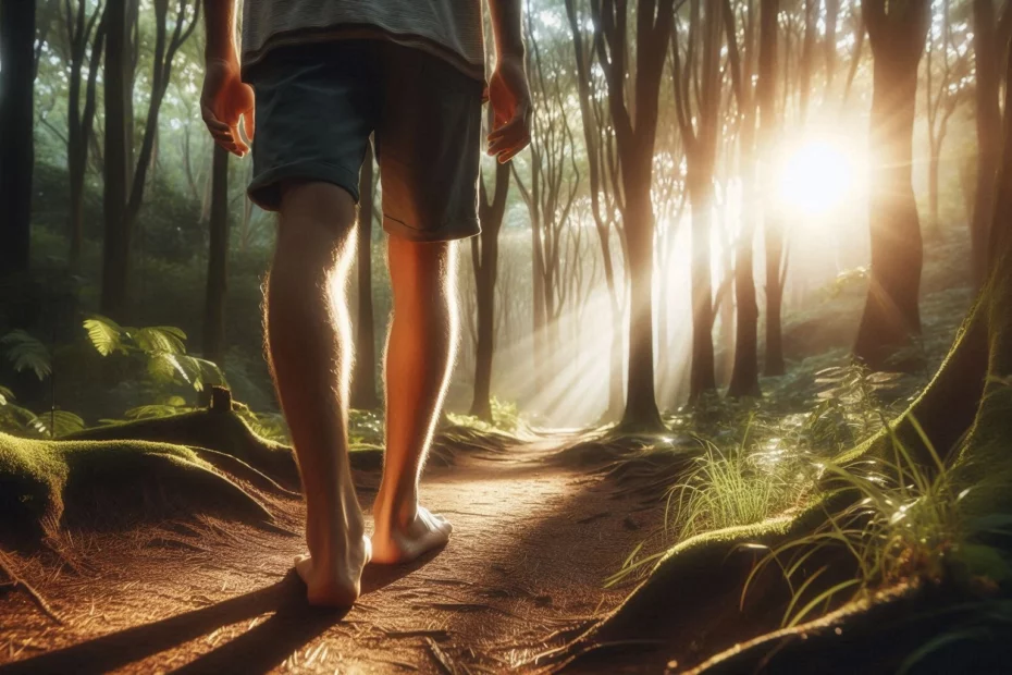 Person walking barefoot on forest trail at sunset proving an example of plant medicine integration