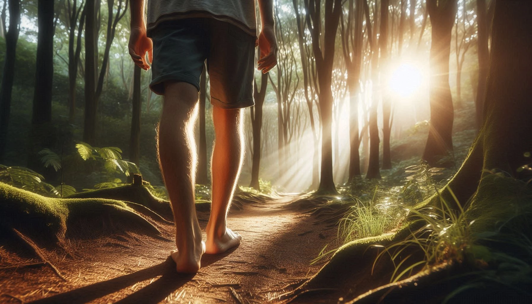 Person walking barefoot on forest trail at sunset proving an example of plant medicine integration