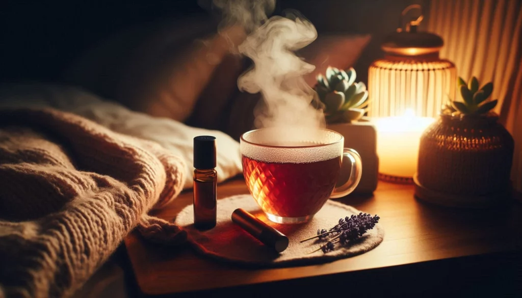Cozy bedside with a steaming cup of tea and lavender