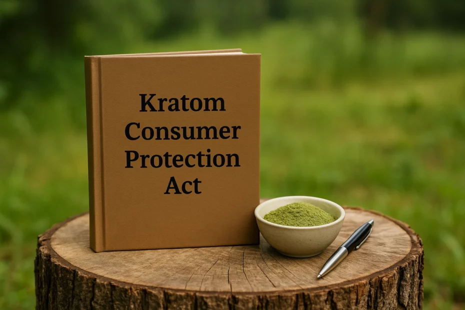 A book titled "Kratom Consumer Protection Act" with a bowl of kratom powder and a pen on a wooden stump.