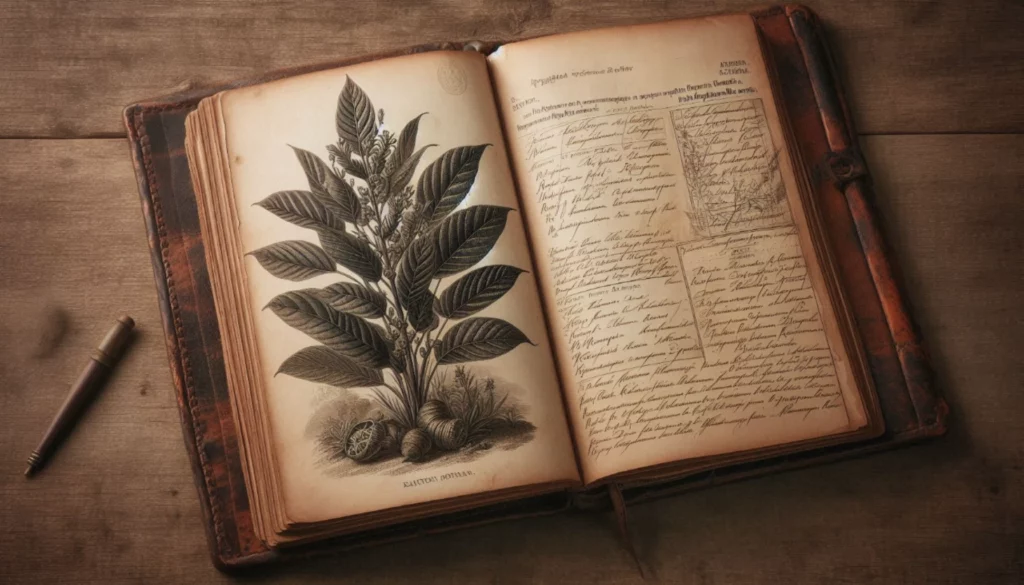 Open antique book with a botanical illustration of a plant and handwritten notes on a wooden table.