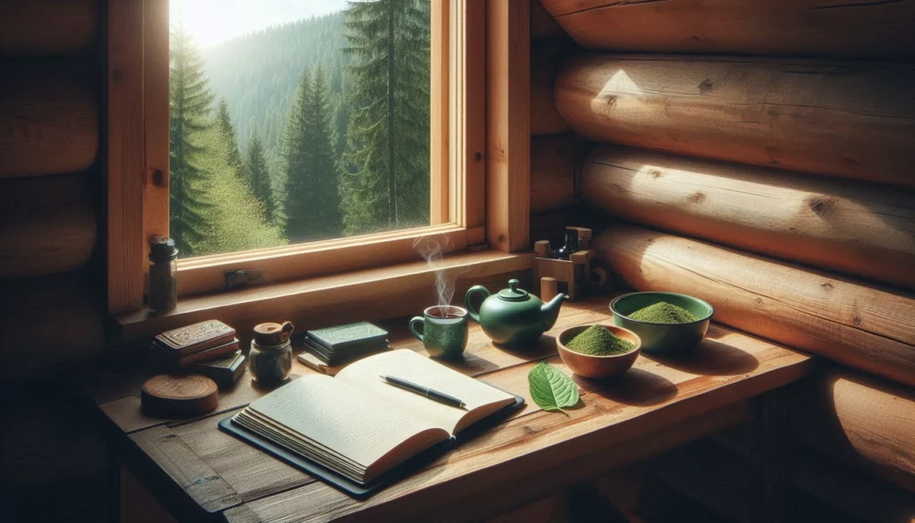 Cozy wooden cabin desk with tea, journal, and forest view through window